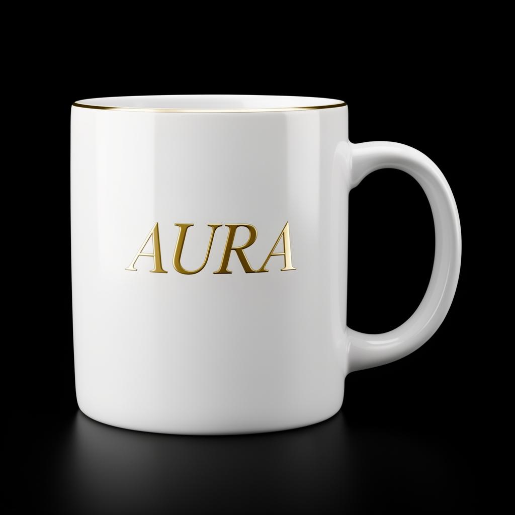 Caneca branca com logo AURA dourado