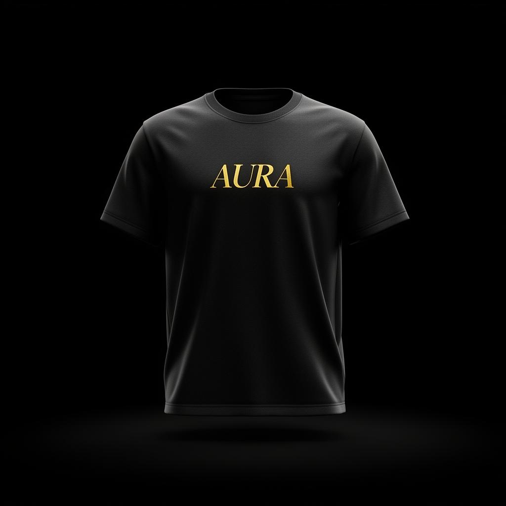 Camiseta preta com logo AURA dourado